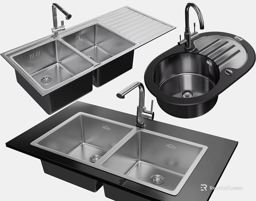 Stainless Steel Kitchen Sinks With Various Designs Including Double Bowl And Drainboard 3d model 