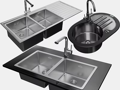 Stainless Steel Kitchen Sinks With Various Designs Including Double Bowl And Drainboard 3d model