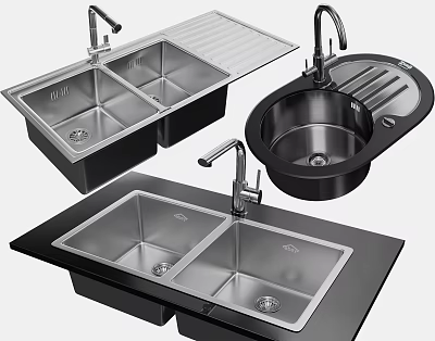 Stainless Steel Kitchen Sinks With Various Designs Including Double Bowl And Drainboard 3d model