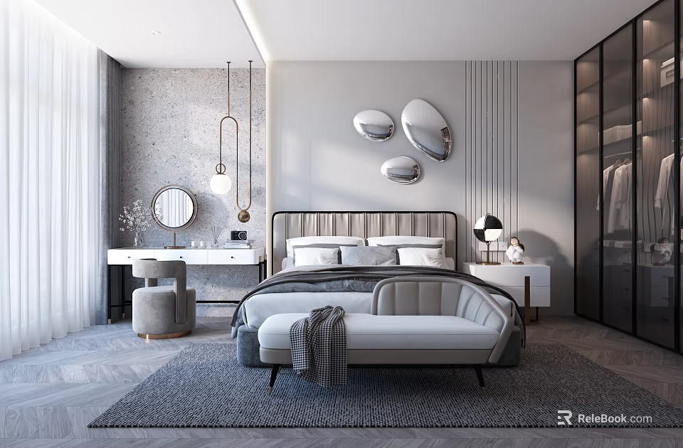 Modern Bedroom Interior With Upholstered Headboard Decorative Mirrors And Gray Textured Walls 3d model 