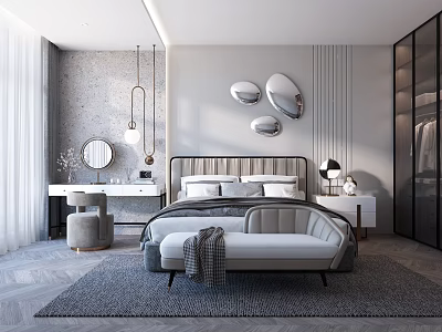 Modern Bedroom Interior With Upholstered Headboard Decorative Mirrors And Gray Textured Walls 3d model