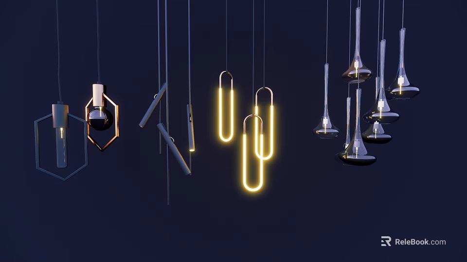 Modern Hanging Pendant Lights With Neon Glow And Metallic Geometric Designs 3d model 