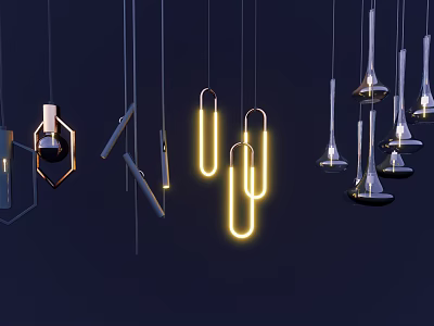 Modern Hanging Pendant Lights With Neon Glow And Metallic Geometric Designs 3d model