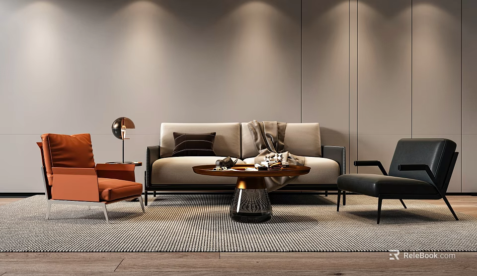 Modern Beige Sofa Coffee Table Combination With Round Table Accent Chairs And Striped Rug 3d model 