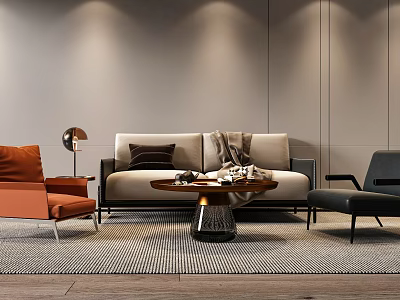 Modern Beige Sofa Coffee Table Combination With Round Table Accent Chairs And Striped Rug 3d model