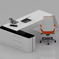 Modern White Office Desk With Orange Chair Laptop Horse Sculpture And Black Storage