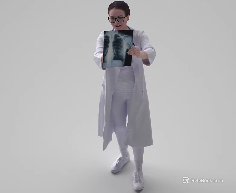Woman Doctor in White Coat Carefully Examining Chest X-ray in Medical Setting 3d model 