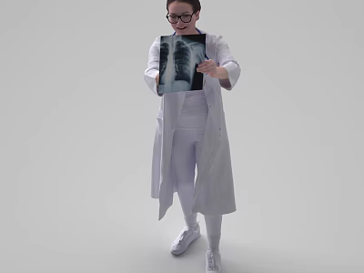 Woman Doctor in White Coat Carefully Examining Chest X-ray in Medical Setting 3d model