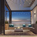 Elegant Rooftop Garden With Covered Area String Lights Sofa Blue Cushions Round Table City View