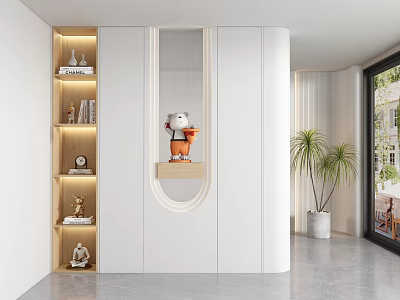 Modern White Entryway Cabinet And Side Cabinet With Storage Shelves And Decorative Items 3d model