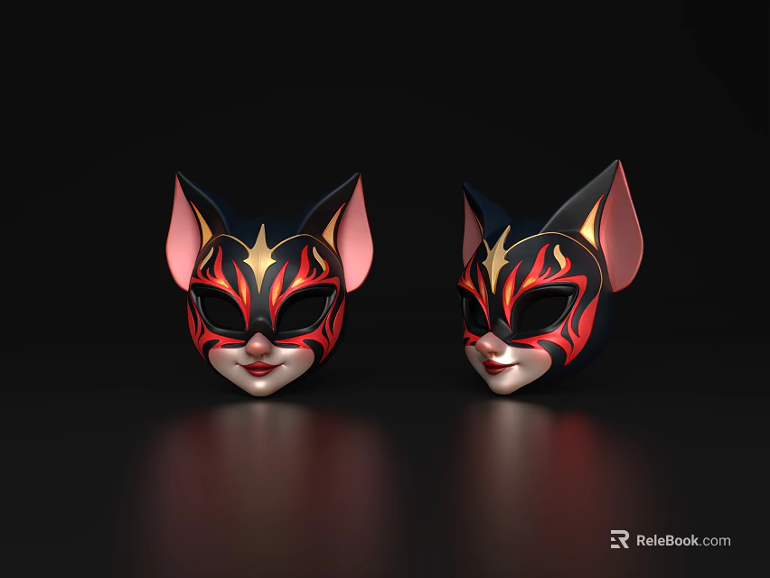 Decorative Cat Masks With Pink Ears Black Red And Gold Patterns 3d model 