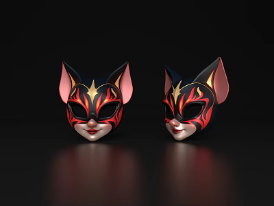 Decorative Cat Masks With Pink Ears Black Red And Gold Patterns 3d model