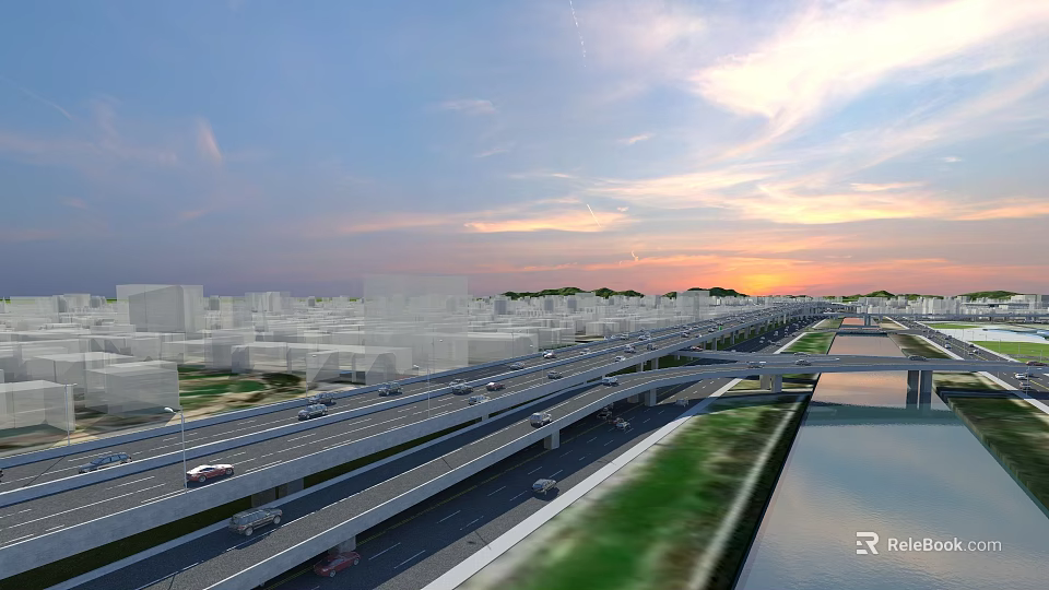 Modern Bridge with Multi Level Roads Urban Buildings Green Spaces and Sunset Sky 3d model 