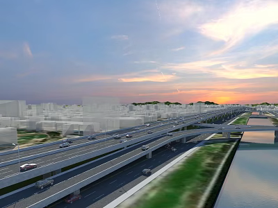 Modern Bridge with Multi Level Roads Urban Buildings Green Spaces and Sunset Sky 3d model