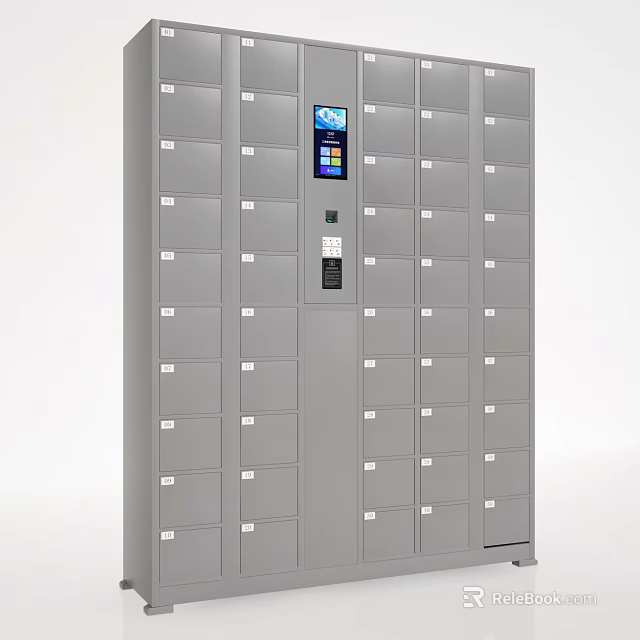 Secure Electronic Storage Lockers With Multiple Gray Compartments And Digital Control Panel 3d model 