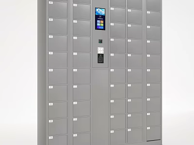 Secure Electronic Storage Lockers With Multiple Gray Compartments And Digital Control Panel 3d model
