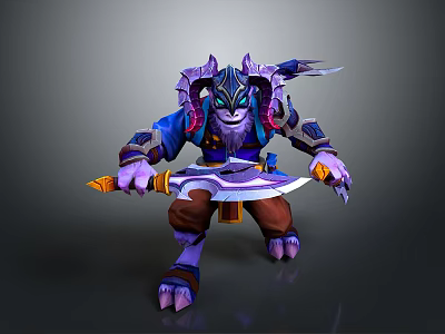 Game Movie Character With Purple Fur Horns Blue Armor And Dual Swords In Battle Stance 3d model