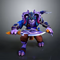 Game Movie Character With Purple Fur Horns Blue Armor And Dual Swords In Battle Stance
