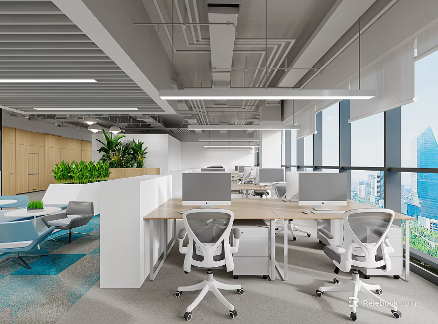 Modern Office Interior With Open Workspace Large Windows Green Plants Desks Chairs And Computers 3d model 