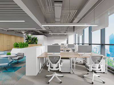Modern Office Interior With Open Workspace Large Windows Green Plants Desks Chairs And Computers 3d model