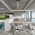 Modern Office Interior With Open Workspace Large Windows Green Plants Desks Chairs And Computers