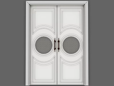 Sleek White Double Doors Featuring Circular Mesh Panels And Black Handles 3d model