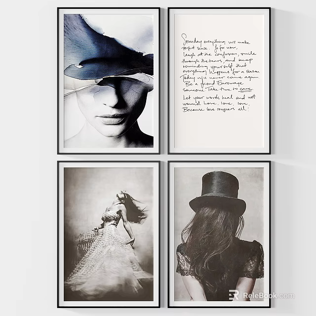 Vintage Art Prints Collection Featuring Women Portraits With Hat Handwritten Text And Wedding Dress 3d model 