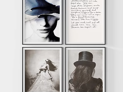 Vintage Art Prints Collection Featuring Women Portraits With Hat Handwritten Text And Wedding Dress 3d model