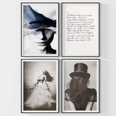 Vintage Art Prints Collection Featuring Women Portraits With Hat Handwritten Text And Wedding Dress 3d model