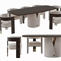 Modern Oval Dining Table Set With Black Tabletop White Base Dark Frame Light Cushion Chairs 3d model