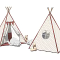 White Kids Teepee Tents with Red Trim Windows and Stuffed Bear Toys