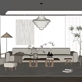 Modern Living Room With Beige Sofa Armchair Pendant Light Decorative Painting Green Plants And Rug