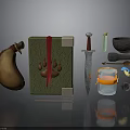 Fantasy Medieval Props Collection With Green Box Red Ribbon Dagger And Leather Pouch