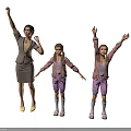Woman In Striped Dress With Two Girls In Pink Tops Purple Shorts Raising Hands Dancing