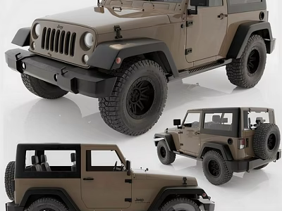 Brown Jeep Off Road With Open Top Large Tires Spare Tire In Multiple Views 3d model