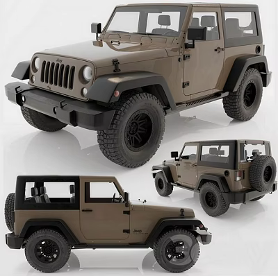 Brown Jeep Off Road With Open Top Large Tires Spare Tire In Multiple Views 3d model
