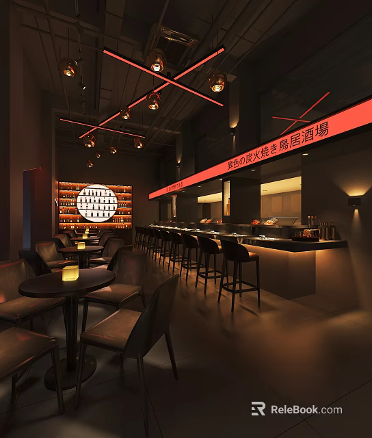 Modern Bar Interior Design With Bar Counter High Stools And Warm Hanging Lights 3d model 