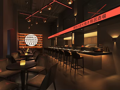 Modern Bar Interior Design With Bar Counter High Stools And Warm Hanging Lights 3d model