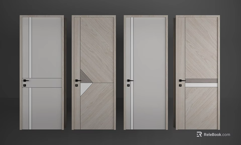 Modern Hinged Doors With Various Wood Grain And White Panel Designs 3d model 