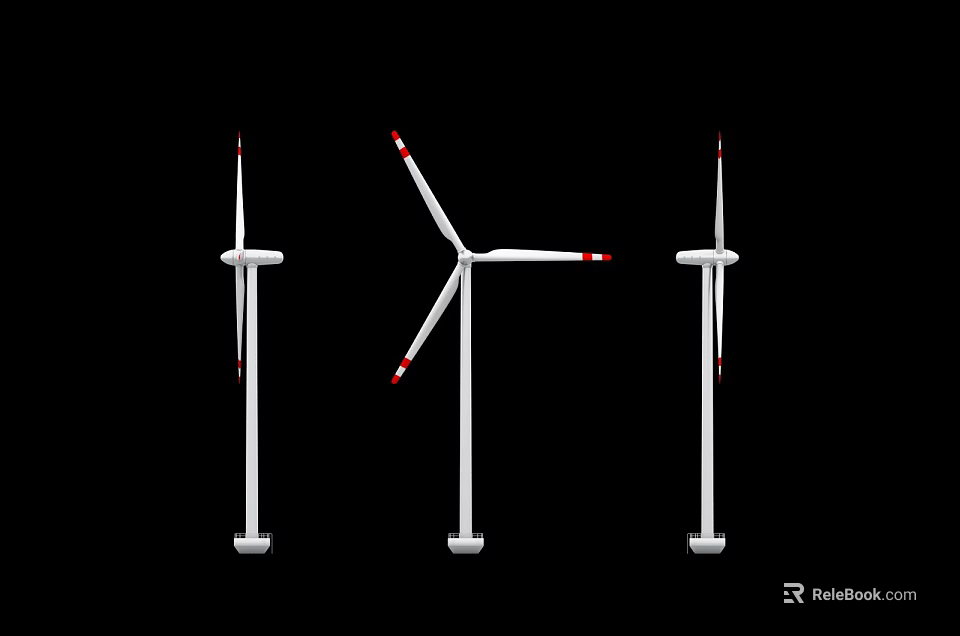 Three Industrial Wind Turbines With White Bodies And Red Marked Blades 3d model 