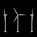 Three Industrial Wind Turbines With White Bodies And Red Marked Blades