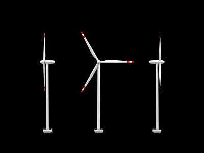 Three Industrial Wind Turbines With White Bodies And Red Marked Blades 3d model