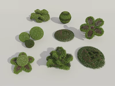 Various Shaped Green Bushes With Round Flower Shaped And Dark Accents Design 3d model