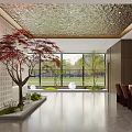 Modern Sales Office Interior Design With White Pendant Lights Marble Counter Green Plants Sofa Seating