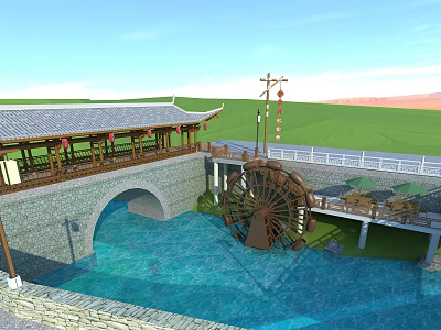Chinese Style Landscape Bridge With Traditional Roof Waterwheel And Green Grassland Distant Mountains 3d model