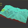 Detailed 3D Mountain Terrain Model With Blue Water Areas And Wooden Base