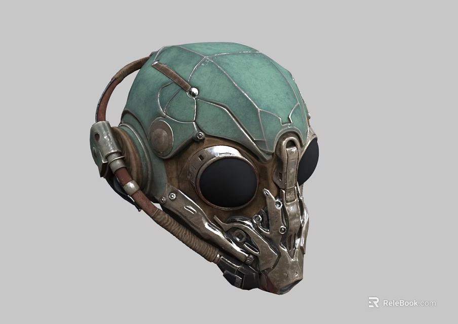 Teal Metallic Helmet With Mechanical Details And Goggle Visor Lifestyle Accessory 3d model 