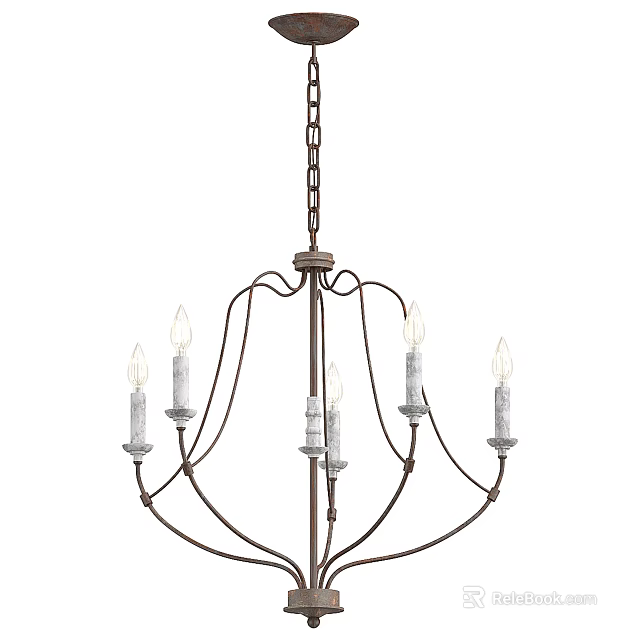 Rustic Wrought Iron Chandelier With Five Candle Style Lights And Curved Arms 3d model 