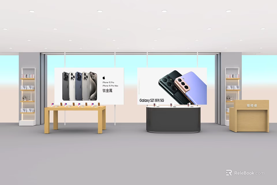 Retail Display Shelves With Mobile Phones On Wooden Tables And Black Stands 3d model 