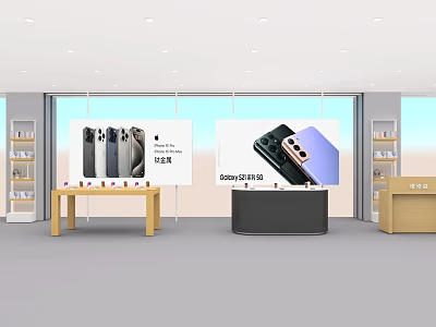 Retail Display Shelves With Mobile Phones On Wooden Tables And Black Stands 3d model